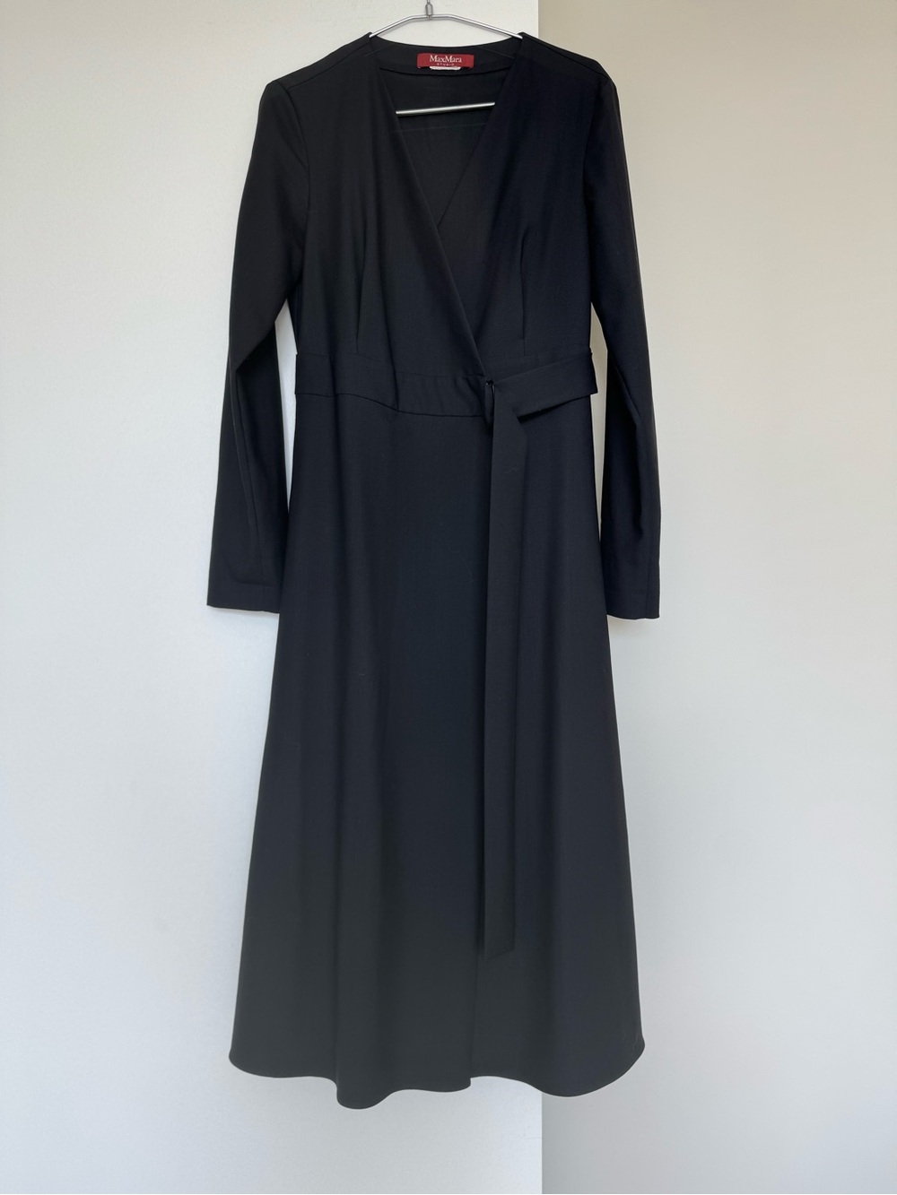 Max Mara Studio Black Belted Wrap Midi Dress US 4